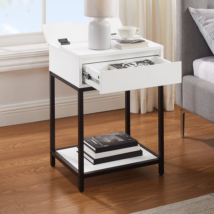 Akio Bedside 1-Drawer Nightstand with Lift-top Storage, 18\"W x 25.75\"H - White/Black