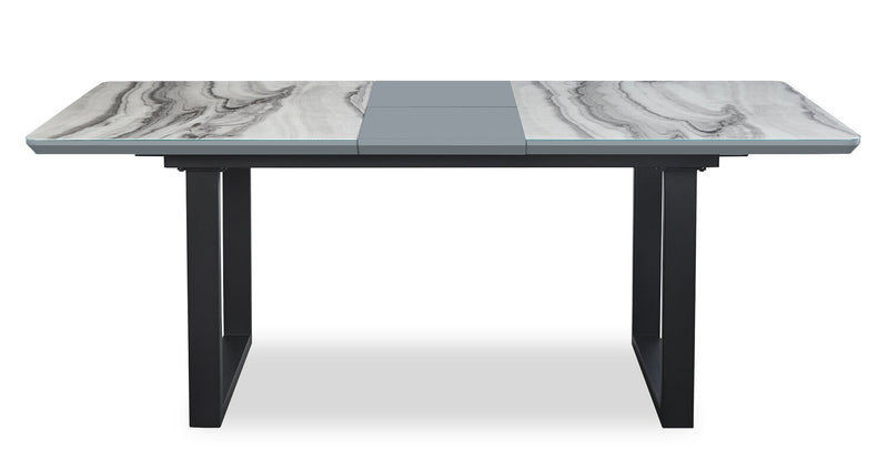 Ezra Dining Table, 63-79\"W Self-Storing Butterfly Leaf, Metal, Glass, Faux Marble - White