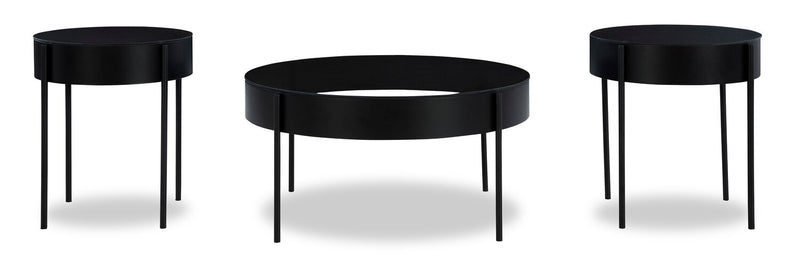 Moira 36” Modern 3-Pack Round Coffee + 2 End Tables - Black