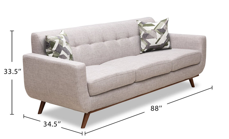 Kort & Co. Freeman 88\" Linen-Look Fabric Sofa with Wood Base and Tufted Back Cushions - Dove White