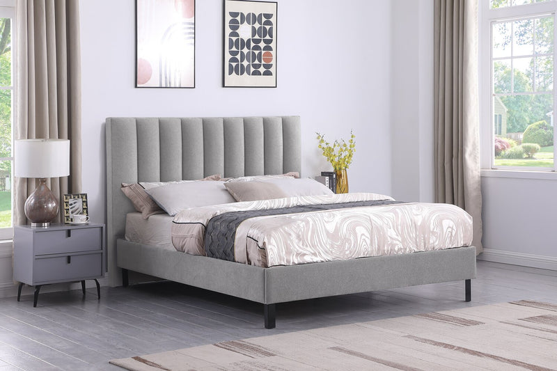Amos Upholstered Platform Bed in Grey Fabric with Channelled Headboard - Queen Size