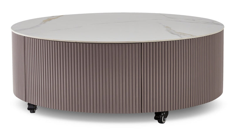 Circa 31.5\" Modern Round Coffee Table with White Sintered Stone Top, Storage and Casters - Grey-Taupe
