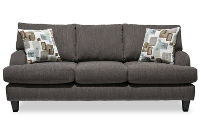 Made in Canada Nofia 80" Chenille Fabric Sofa with Two Accent Pillows and Wood Legs - Charcoal Grey | Sofa Nofia de 80 po fabriqué au Canada en tissu de chenille avec 2 coussins décoratifs et pattes en bois - gris anthracite