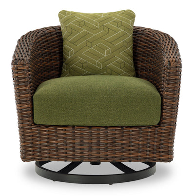 Tofino Outdoor Patio Swivel Chair - Resin Wicker, UV & Weather Resistant - Green/Brown/Black | Fauteuil pivotant Tofino pour la terrasse à l’extérieur - osier en résine, résistant aux rayons UV et aux intempéries - vert, brun et noir