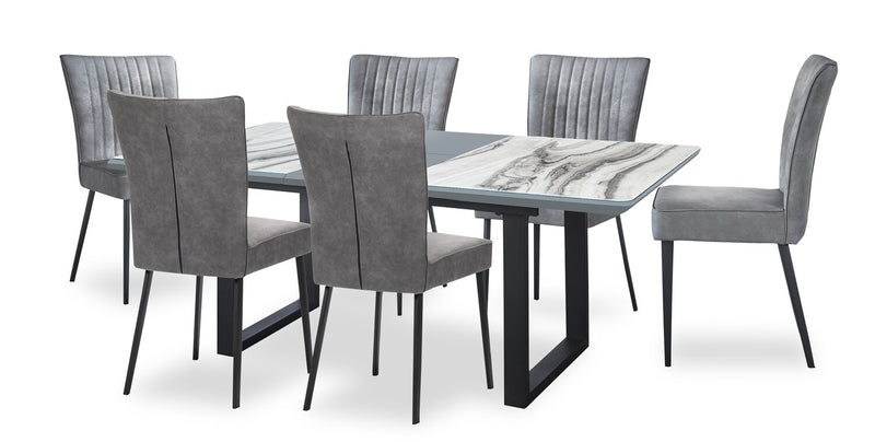 Ezra 7pc Dining Package with 63-79\"W Extension Table & 6 Chairs - Faux White Marble & Grey