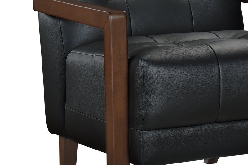 Enzo 26\" Genuine Leather Accent Chair with Biscuit Tufting, Track Arms and Wood Legs - Black