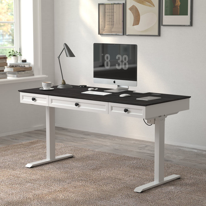 Elevate 60” Height-Adjustable Office Desk with Storage and Wireless Charging - White/Grey
