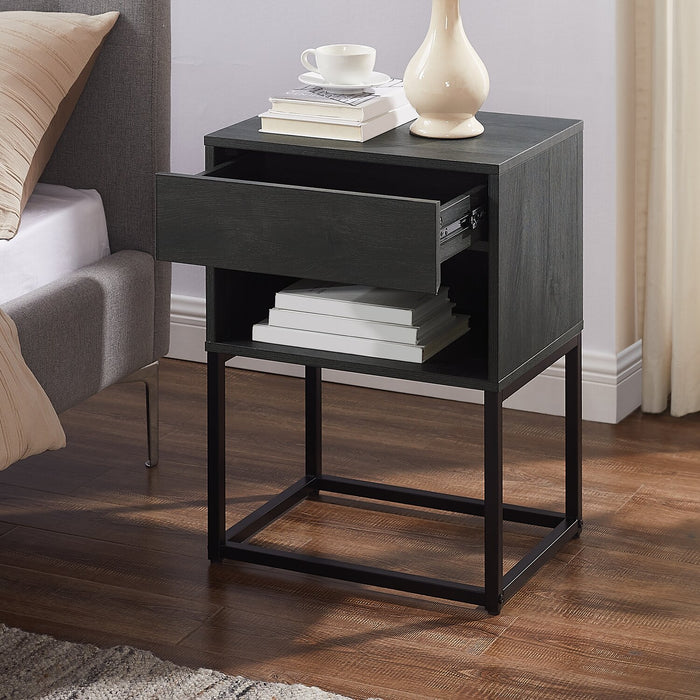 Fynn Bedside 1-Drawer Nightstand with Storage Shelf, 18\"W x 25.75\"H - Brown/Black