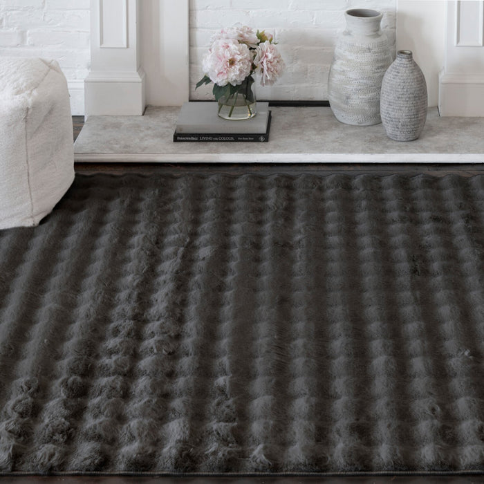 Faux Fur Bubble Dark Grey Area Rug with Memory Foam Backing - 7' x 10'