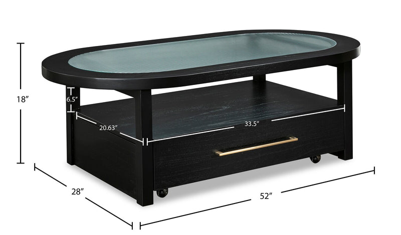 Julian 52” Contemporary Glass Coffee Table with Storage and Casters - Black