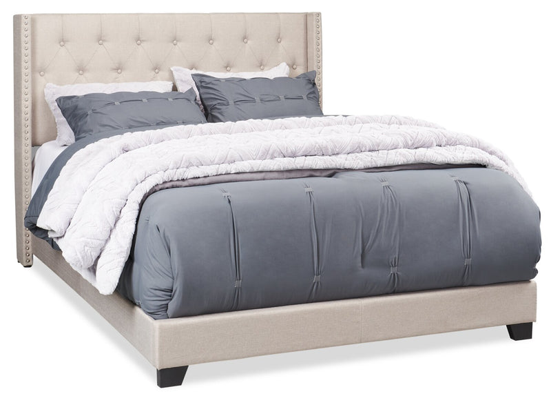 Brady Upholstered Wingback Bed in Light Grey Fabric with Nailhead Design, Button Tufted - King Size