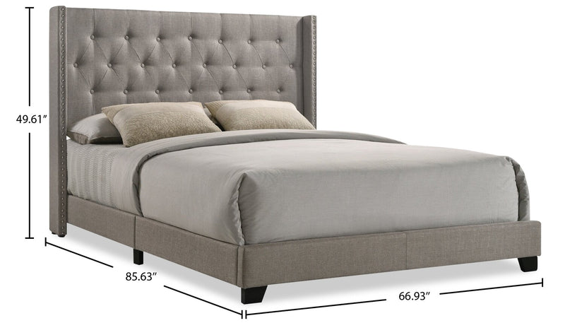 Brady Upholstered Wingback Bed in Light Grey Fabric with Nailhead Design, Button Tufted - Queen Size