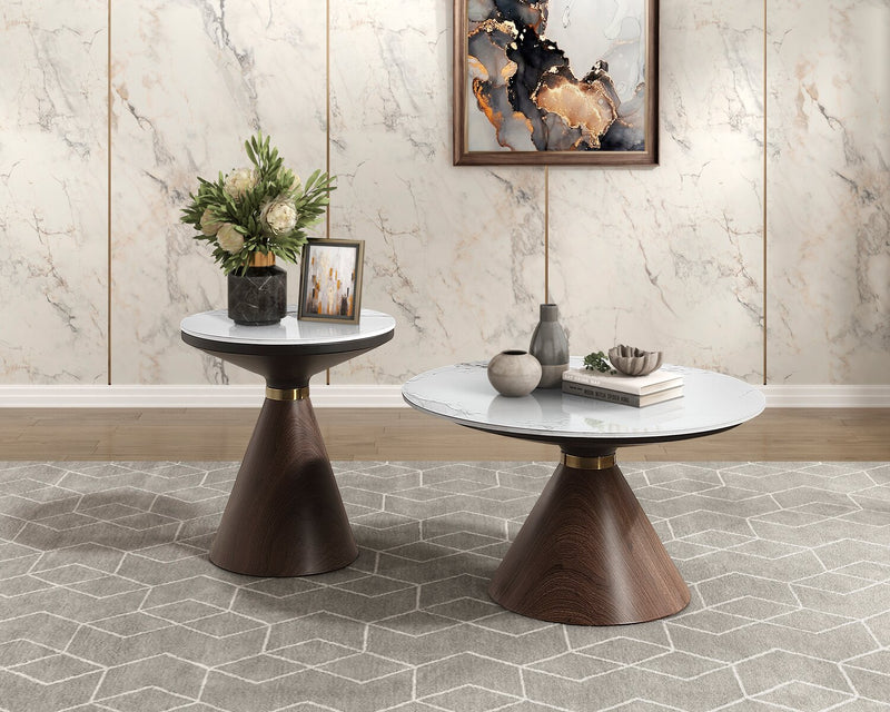 Alwin 19.5” Modern Round End Table with White Sintered Stone Top - Brown