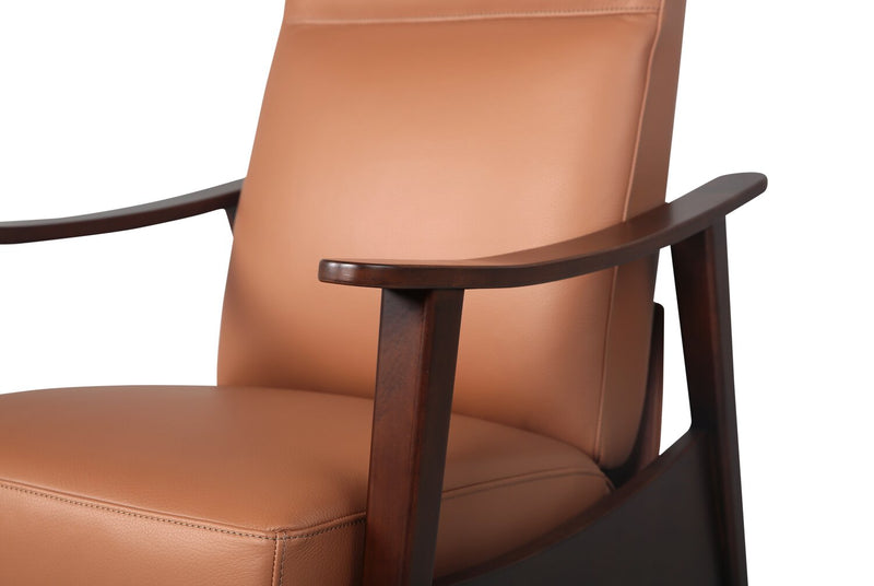 Aydin 27.5\" Genuine Leather Pushback Reclining Accent Chair with Wood Armrests and Legs - Camel Orange