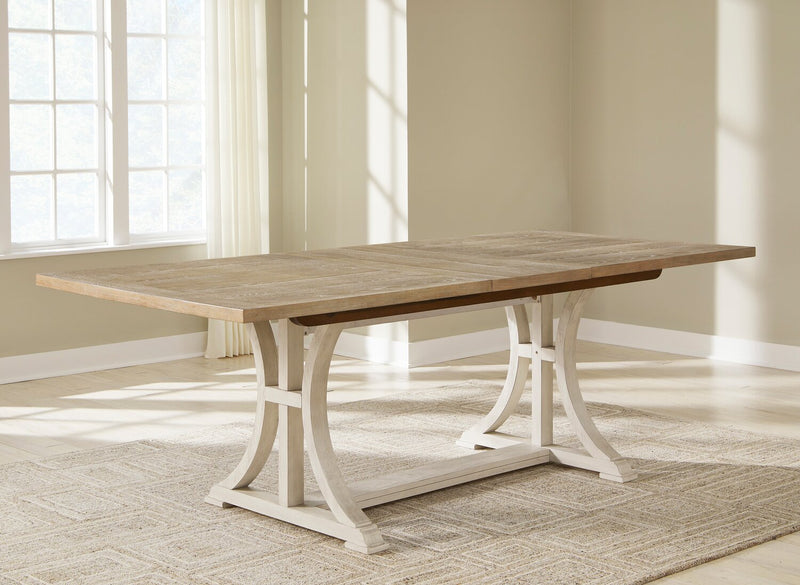 Quill Dining Table with Trestle Base, 72-90\"W - Antique White & Brown