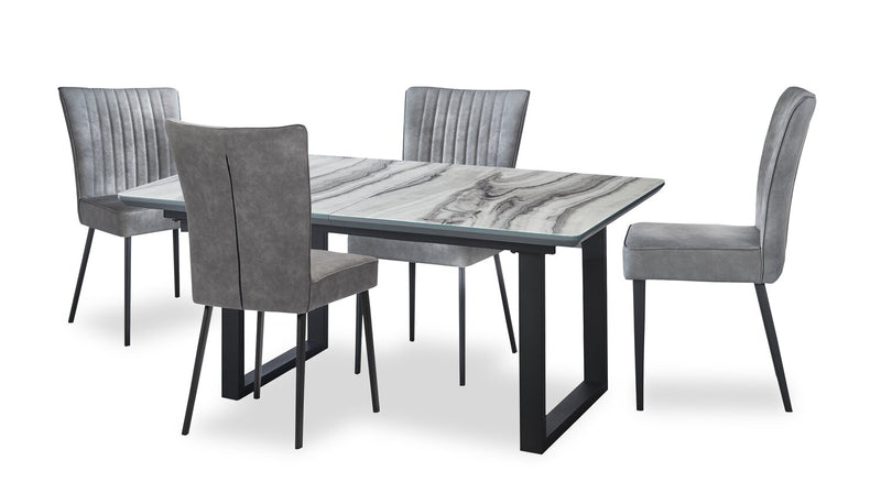 Ezra 5pc Dining Package with 63-79\"W Extension Table & 4 Chairs - Faux White Marble & Grey