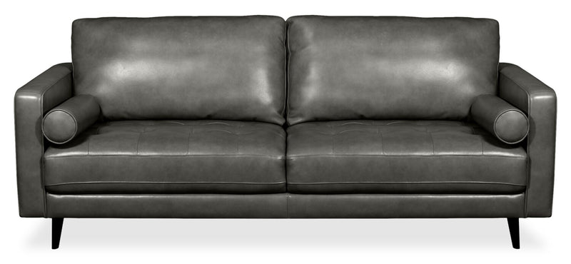 Edge 86\" Genuine Leather Sofa with Wood Legs and Removable Back Cushions - Grey