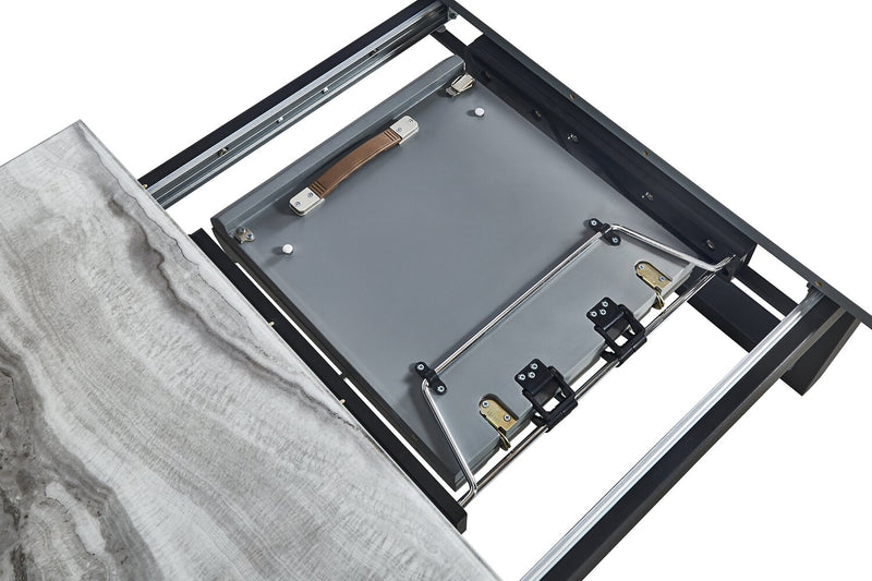 Ezra Dining Table, 63-79\"W Self-Storing Butterfly Leaf, Metal, Glass, Faux Marble - White