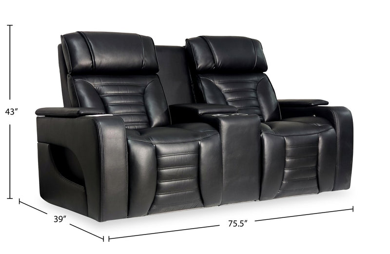 Zen 75.5\" Leather-Look Fabric Power Reclining Massage Loveseat with Refrigerator Console - Black