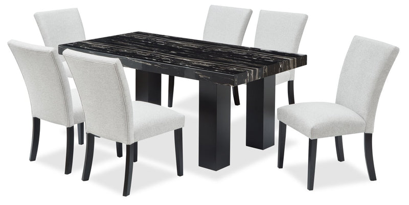 Burk 7pc Dining Set with Table & 6 Chairs, Resin Marble-Look Top, 72\"W - Black/White