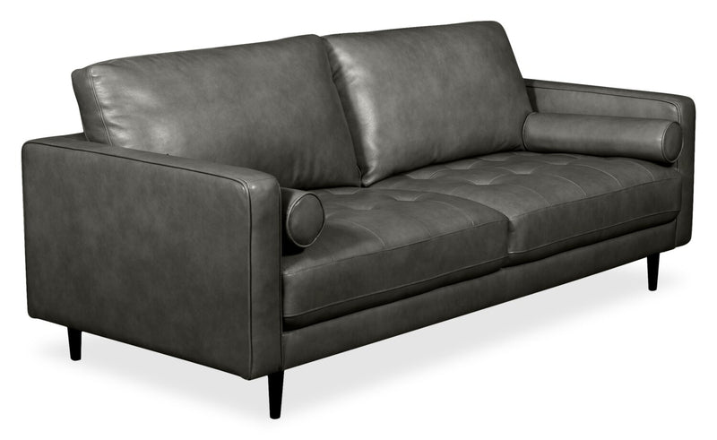 Edge 86\" Genuine Leather Sofa with Wood Legs and Removable Back Cushions - Grey