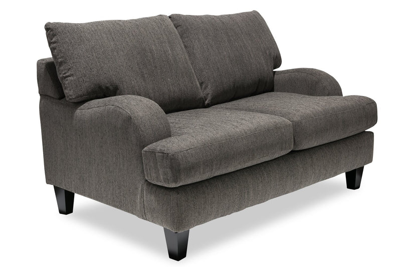 Made in Canada Nofia 58\" Chenille Fabric Loveseat with Two Accent Pillows and Wood Legs - Charcoal Grey