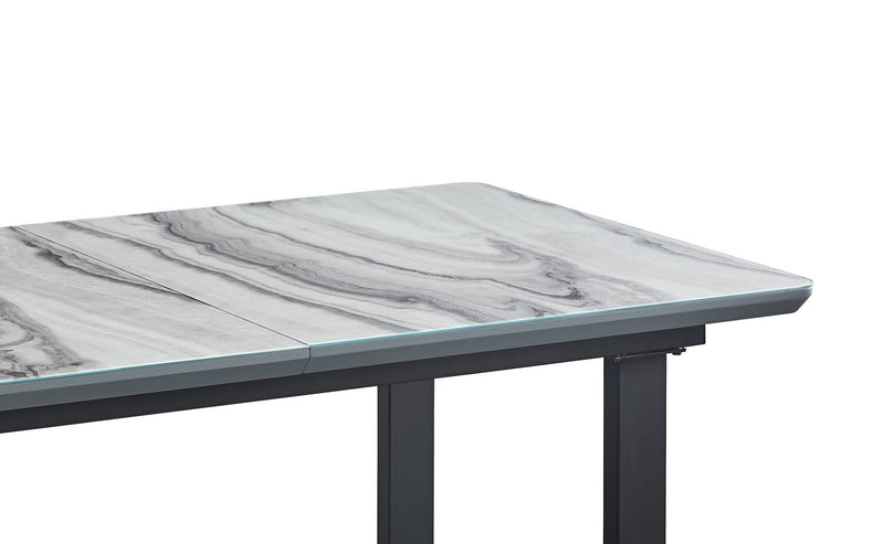 Ezra Dining Table, 63-79\"W Self-Storing Butterfly Leaf, Metal, Glass, Faux Marble - White