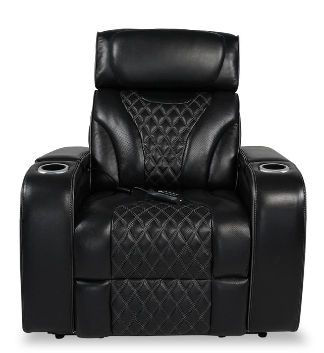 Elite 38\" Genuine Leather Massage Power Reclining Chair with Power Headrest and Storage Armrests - Black