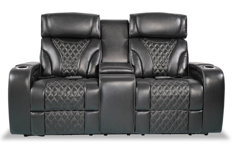 Elite 74\" Genuine Leather Massage Power Reclining Loveseat with Power Headrests and Storage Arms - Black