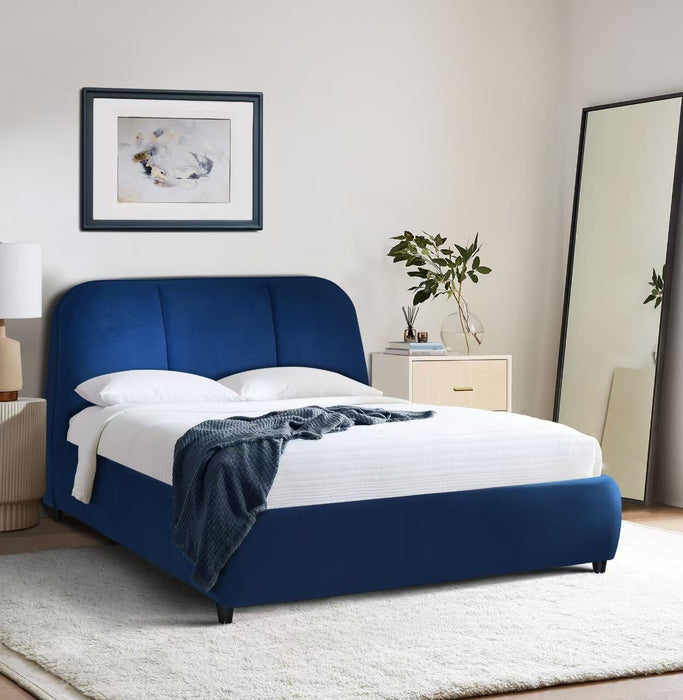 Mave Upholstered Platform Bed in Blue Velvet Fabric - Queen Size
