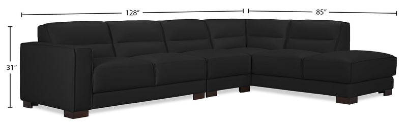 Citadel 3-Piece Right-Facing Top-Grain Genuine Leather Sectional with Wood Legs - Black