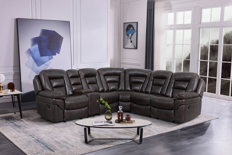 Leo 6-Piece Leather-Look Fabric Reclining Sectional with Storage Console and Dual Cupholders - Walnut Brown