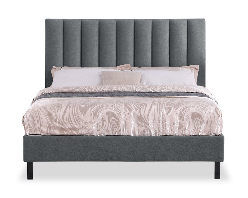 Amos Upholstered Platform Bed in Charcoal Fabric with Channelled Headboard - Queen Size