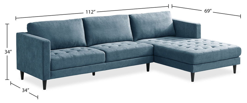 Metro 2-Piece Right-Facing Fabric Sectional with Chaise and Tufted Seat Cushions - Denim Blue