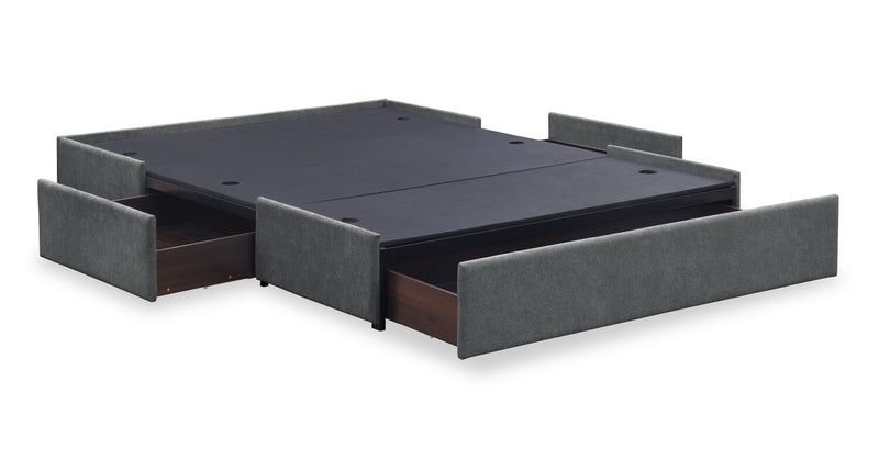 Amos Upholstered Storage Bed in Charcoal Fabric with Channelled Headboard & 3 Built-in Drawers - Queen Size