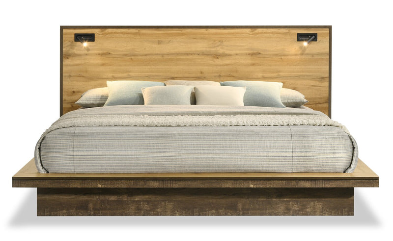 Silas Platform Bed with Headboard & Frame, LED, Rustic Brown - King Size