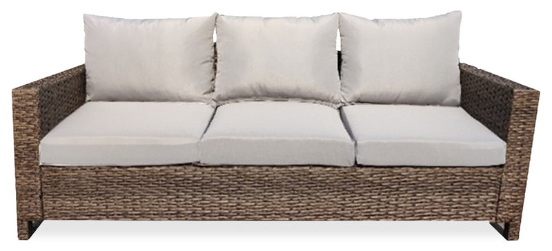 Miami 3-Piece Outdoor Patio Conversation Set with Sofa, Ottoman & Glass Top Coffee Table - Hand-Woven Resin Wicker, UV & Weather Resistant - Brown/Taupe