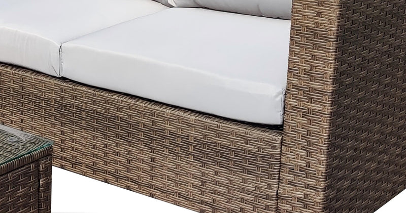 Miami 3-Piece Outdoor Patio Conversation Set with Sofa, Ottoman & Glass Top Coffee Table - Hand-Woven Resin Wicker, UV & Weather Resistant - Brown/Taupe