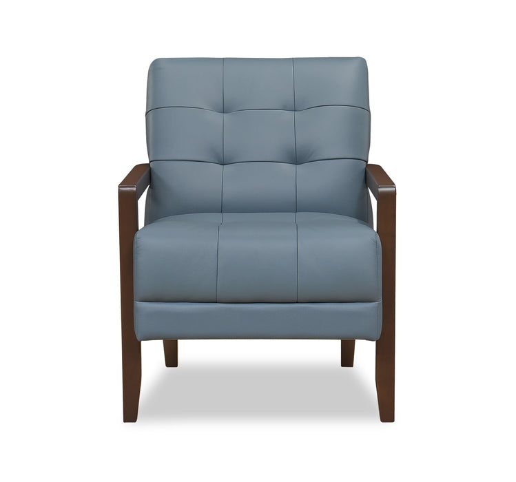 Enzo 26\" Genuine Leather Accent Chair with Biscuit Tufting, Track Arms and Wood Legs - Blue