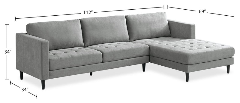 Metro 2-Piece Right-Facing Fabric Sectional with Chaise and Tufted Seat Cushions - Grey