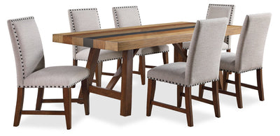 Boden 7pc Dining Set with Table & 6 Nailhead Trim Chairs, Trestle Base, 78"W - Brown & Beige | Ensemble de salle à manger Boden 7 pièces avec table de 78 po (L), base à tréteaux et 6 chaises à bordure de clous décoratifs - brun et beige