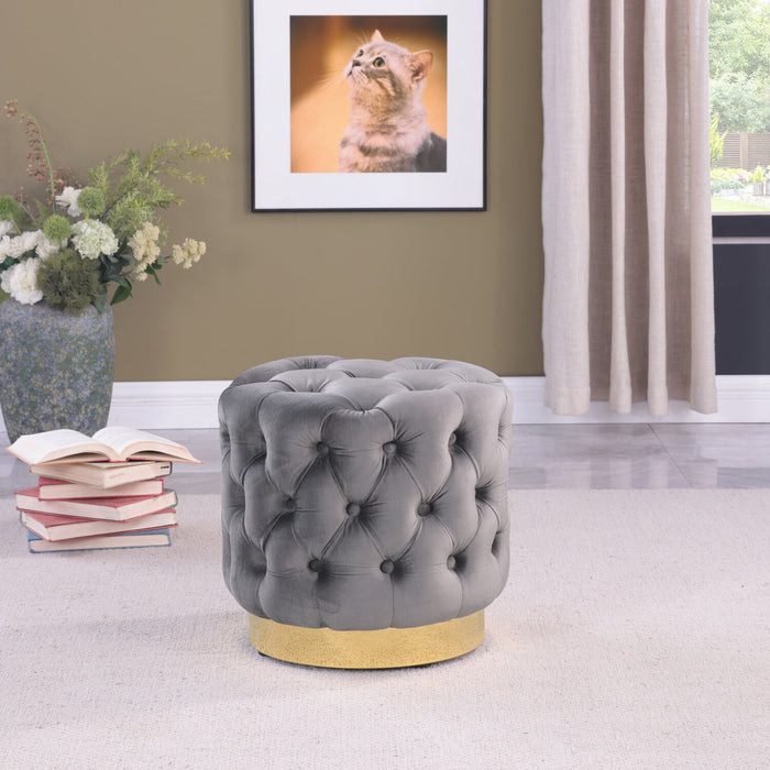 Adell 17\" Round Fabric Ottoman with Gold Base - Grey