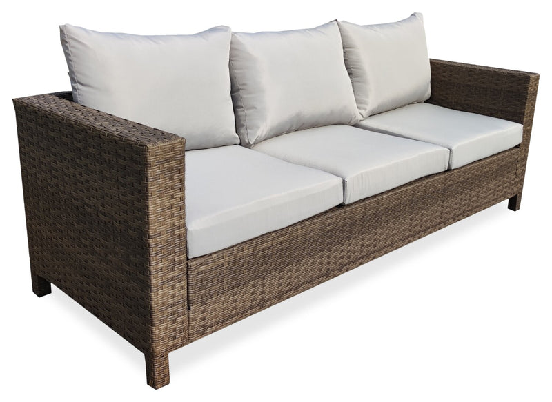 Miami 3-Piece Outdoor Patio Conversation Set with Sofa, Ottoman & Glass Top Coffee Table - Hand-Woven Resin Wicker, UV & Weather Resistant - Brown/Taupe