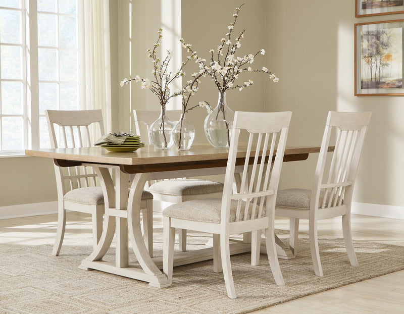 Quill Dining Table with Trestle Base, 72-90\"W - Antique White & Brown