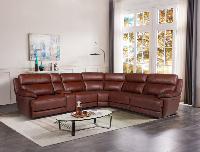 Sorrento 6-Piece Genuine Leather Power Reclining Sectional with Storage Console and USB Port - Madrid Brick Brown