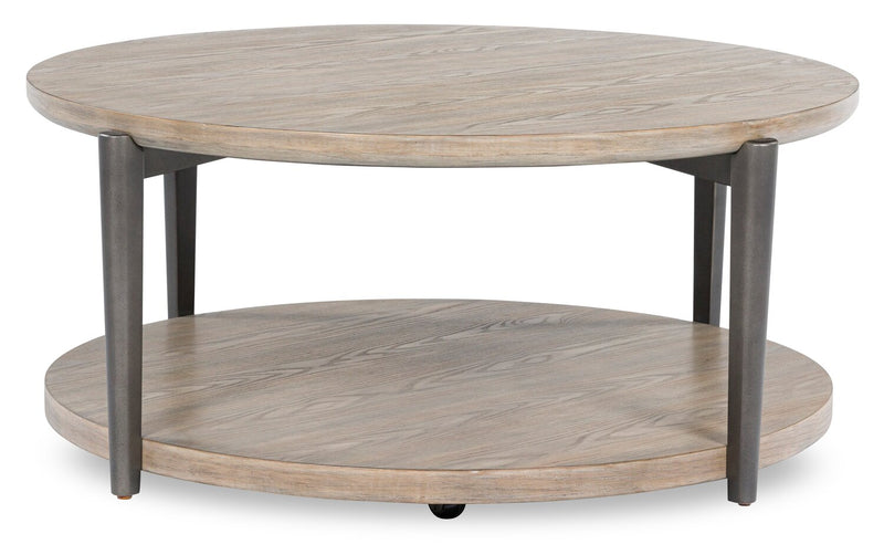 Lloyd 43” Modern Round Coffee Table with Shelf & Casters - Grey Brown