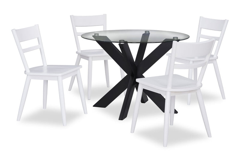 Remi 5pc Dining Set with Table & 4 Ladder-Back Chairs, Glass & Wood, 42\"W Round - Black & White