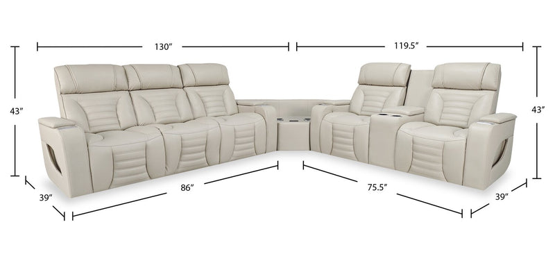 Zen 3-Piece Leather-Look Fabric Power Reclining Sectional with Massage, Drop-Down Console and Refrigerator - Apricot