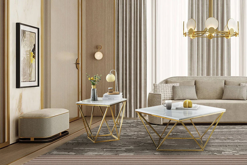 Amanda 31.5\" Modern Square Coffee Table - White Marble Top with Gold Metal Base