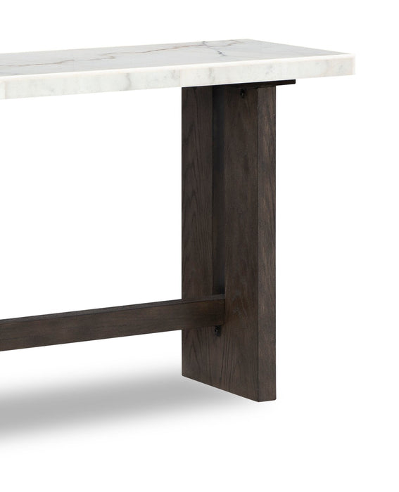 Warwick 52” Solid Wood and Marble Sofa Table – White and Brown Oak